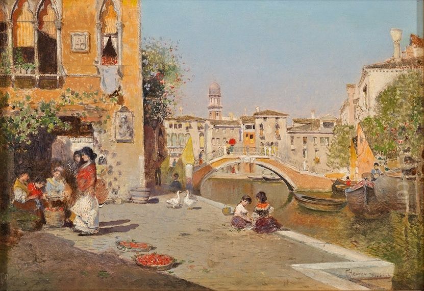 Sommerliche Szene an einem Kanal in Venedig. Oil Painting by Cesar Maria Herrer Marcher