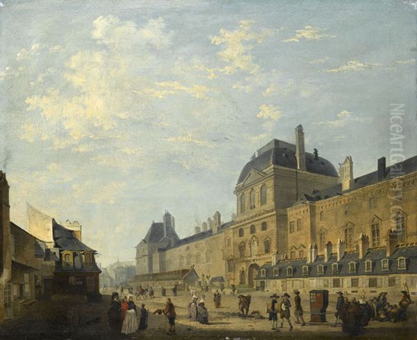 La Facade du Louvre avec le Pavillon de l'Horloge, vue de la Fromenteau. Oil Painting by Philibert-Louis Debucourt