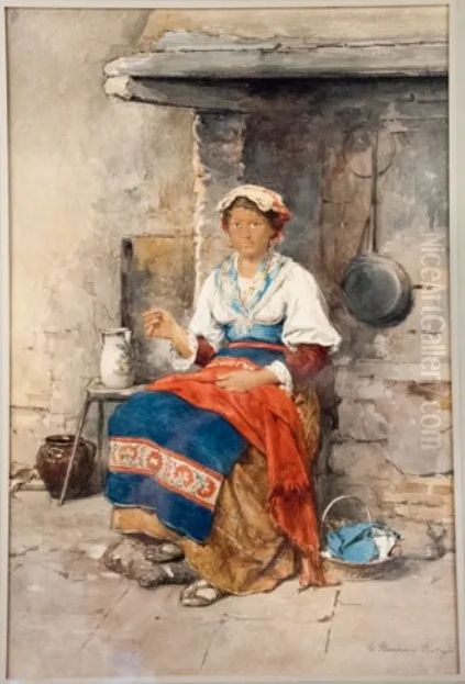 Peasant woman sewing Oil Painting by Clelia Bompiani