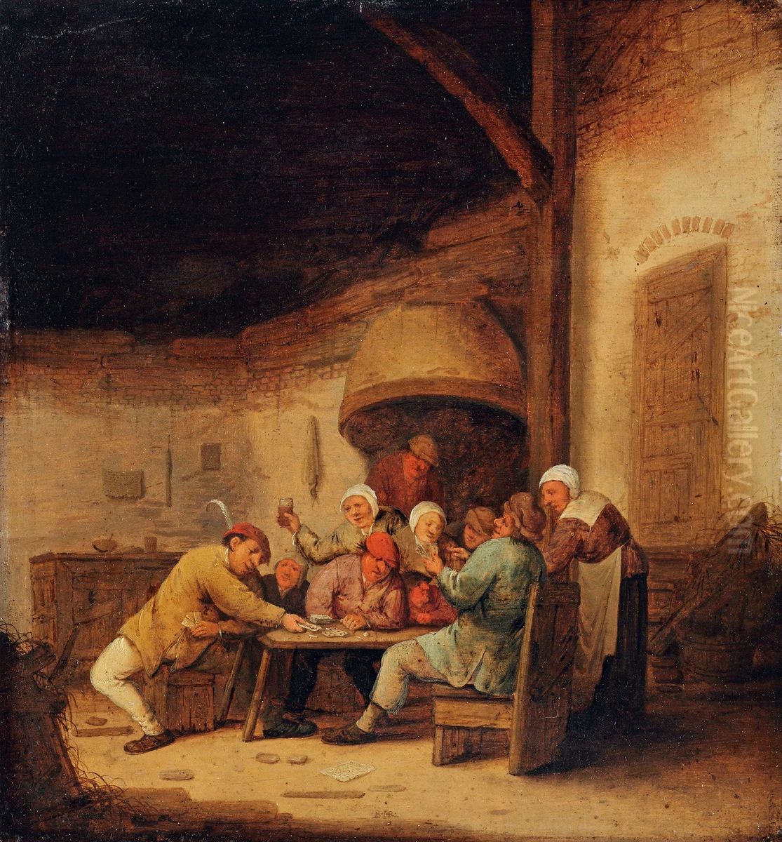 Kaartspelende en drinkende boeren in een herberg Oil Painting by Bartholomeus Molenaer