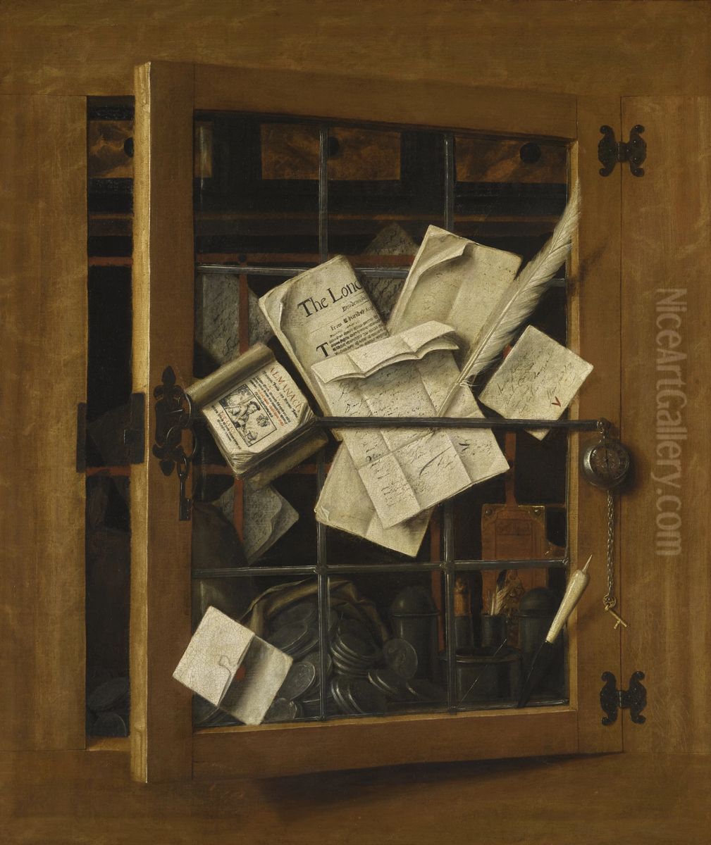 Trompe l'oeil of an open cabinet Oil Painting by Cornelis Norbertus Gijsbrechts