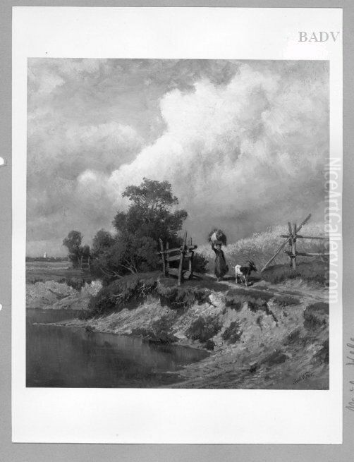 Sommer - landscape with girl + goat Oil Painting by Paul Weber