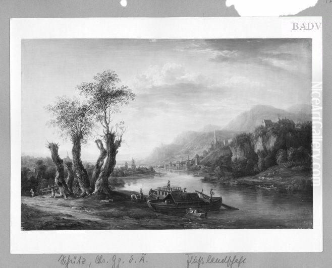 Landschaft mit Stadtchen, Fluss und Schiffen Oil Painting by Christian Georg Schutz