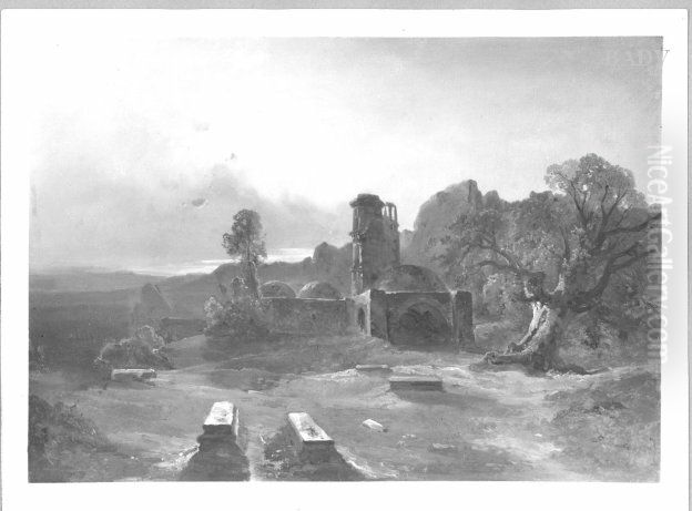 landscape with ruins of a church Oil Painting by Fritz Bamberger