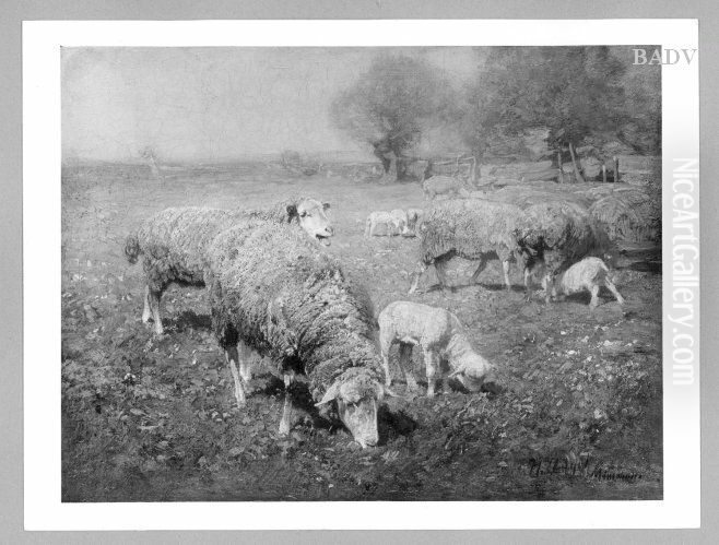 Sheep in a meadow Oil Painting by Heinrich Johann Von Zugel