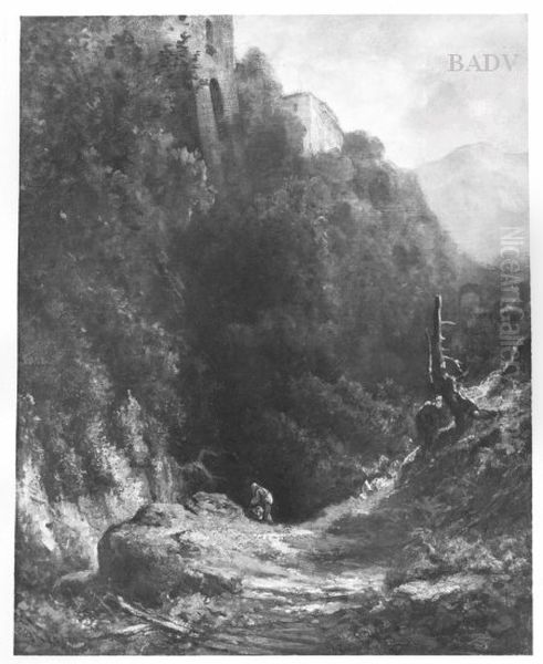 Gebirgstal mit wanderndem Monch Oil Painting by Carl Spitzweg