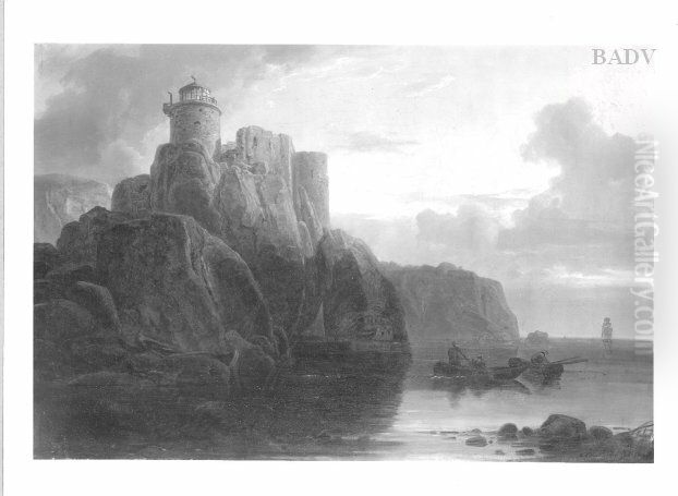 Rocky sea-shore with lighthouse Oil Painting by Christian Morgenstern