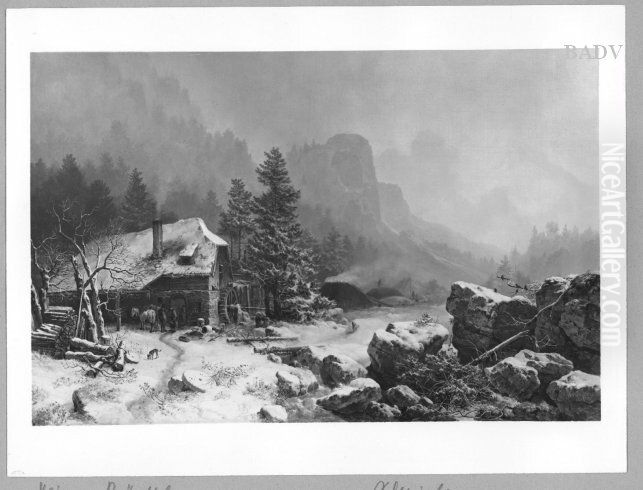 Winterlandschaft mit Schmiede (am Hintersee) Oil Painting by Heinrich Burkel