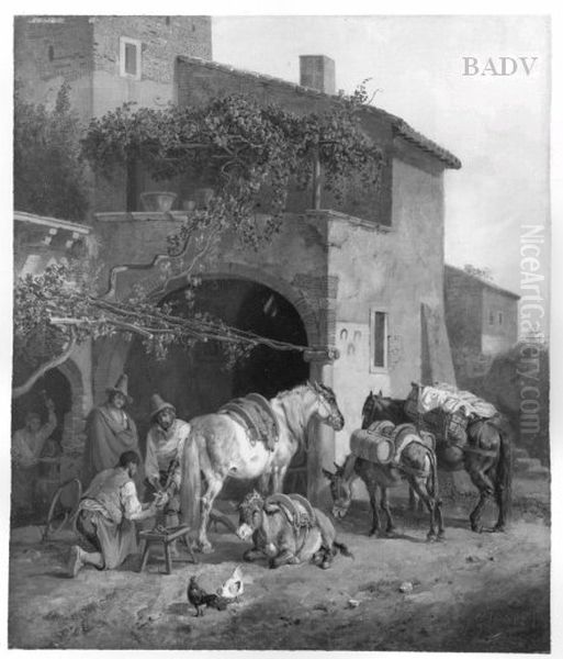 Horses in front of the smithery Oil Painting by Heinrich Burkel