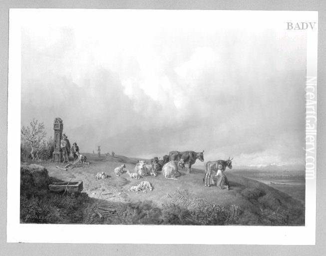 Bavarian landscape with cattle + shepherds Oil Painting by Heinrich Burkel