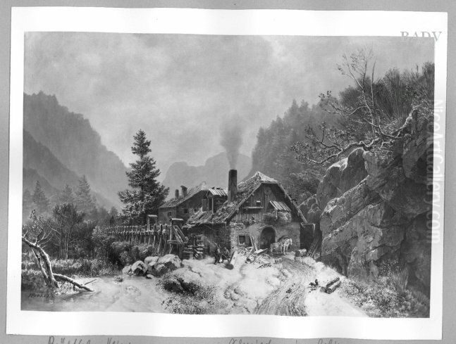 Winterlandschaft mit Schmiede im Gebirge Oil Painting by Heinrich Burkel