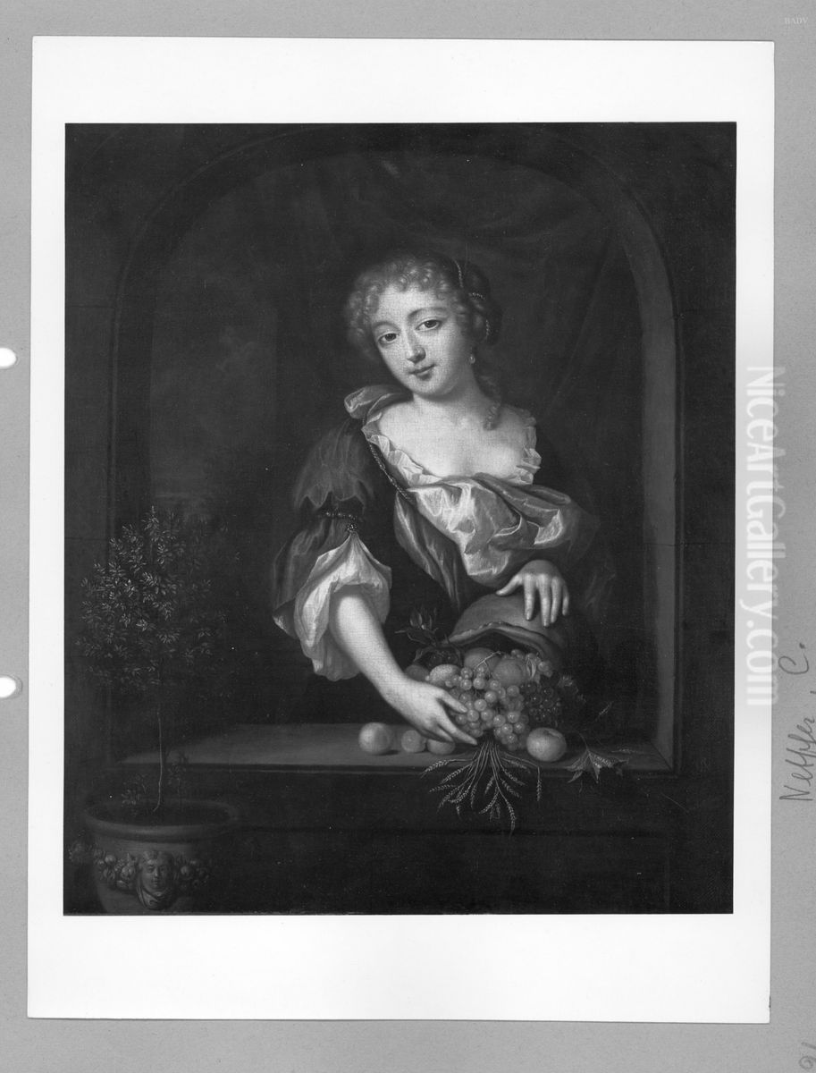 Woman at window with fruits Oil Painting by Caspar Netscher