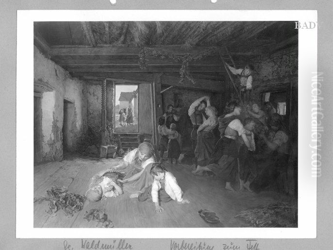 Kinderszene auf der Tenne mit Tanz Oil Painting by Ferdinand Georg Waldmuller