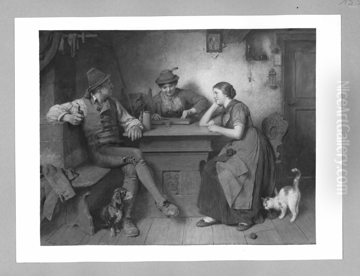 two men and a girl sitting in an inn Oil Painting by Hugo Kauffmann