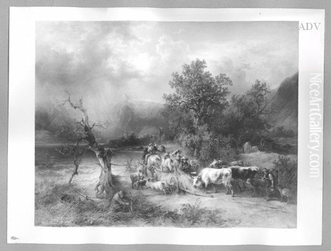 peasants with cattle at a mountain-lake Oil Painting by Friedrich Gauermann