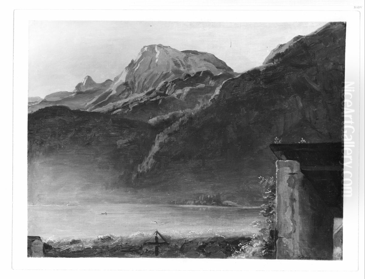 Hallstadter See mit Gruppenstein Oil Painting by Ferdinand Georg Waldmuller