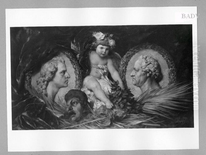 Putto between two reliefs of Schiller and Goethe Oil Painting by Friedrich August von Kaulbach