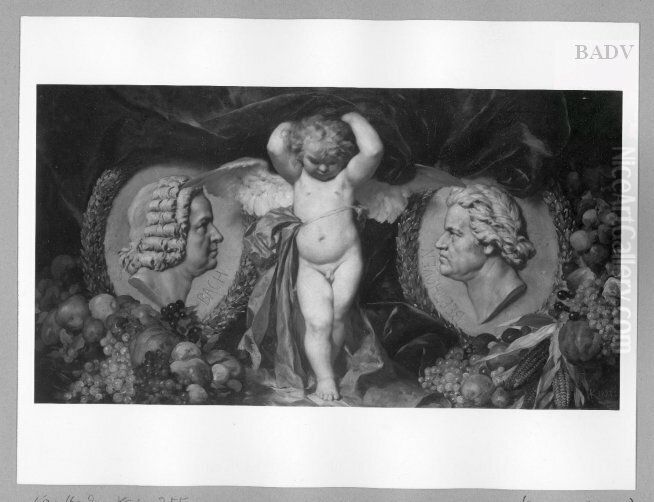 Putto between two reliefs of Beethoven and Bach Oil Painting by Friedrich August von Kaulbach