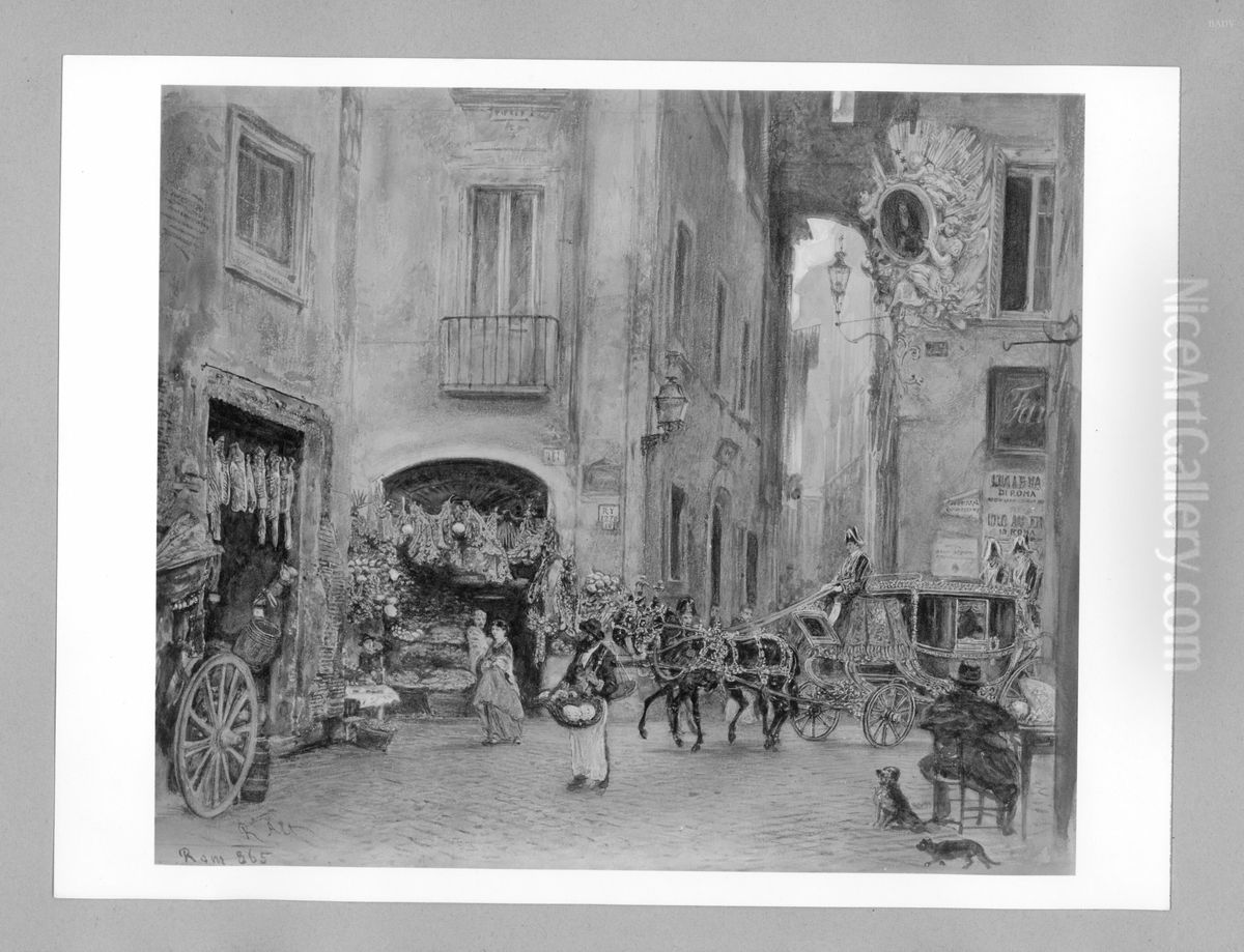 Romische Strasse mit Gemuseladen und Kutsche (Via di Macel die Corvi in Rom) Oil Painting by Rudolf von Alt