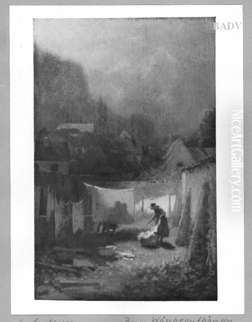 Gehoft mit Wascherin Oil Painting by Carl Spitzweg