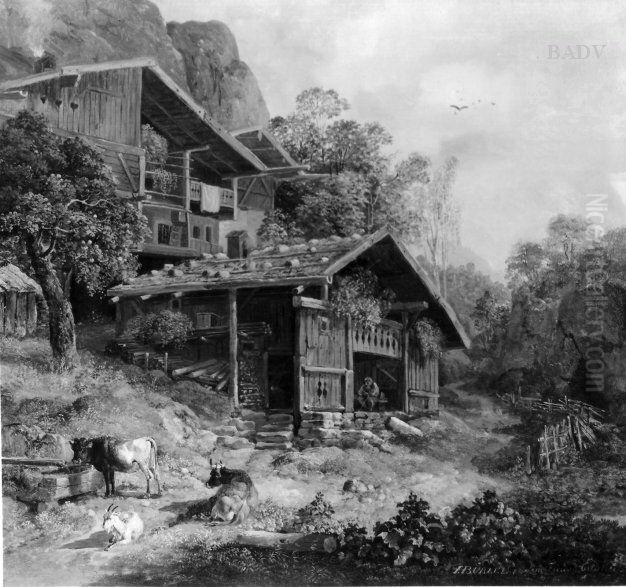 Almhutte mit zwei Kuhen Oil Painting by Heinrich Burkel