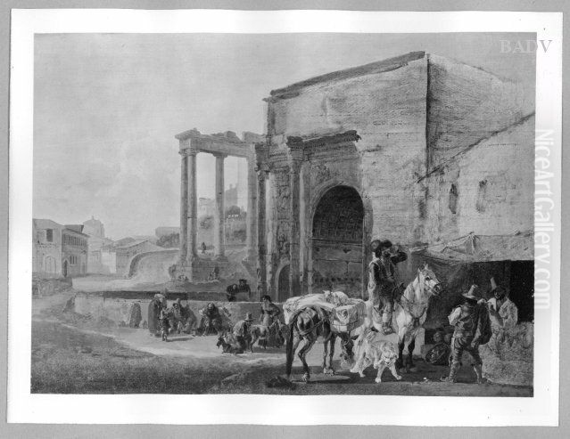 Street scene near an old Roman arch Oil Painting by Heinrich Burkel