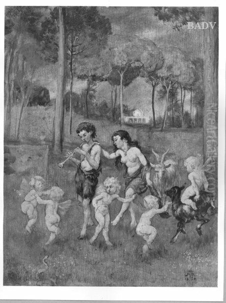 Dance of Faun + puttos Oil Painting by Hans Thoma