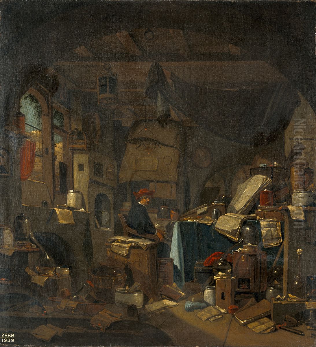 Interior with an alchemist seated at a table, looking out of Oil Painting by Thomas Wijck