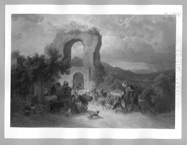 Kleiner Wanderzirkus mit Kuhherde in sudlicher Landschaft. Oil Painting by Gustav Jacob Canton