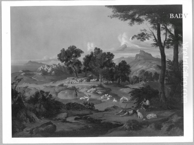 Sudliche Landschaft mit Meer und Gebirge Oil Painting by Bernhard Fries