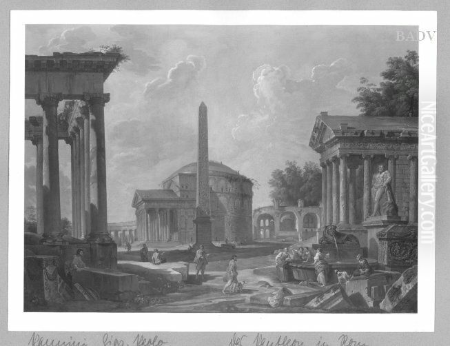 Roman architecture + figures Oil Painting by Giovanni Paolo Panini