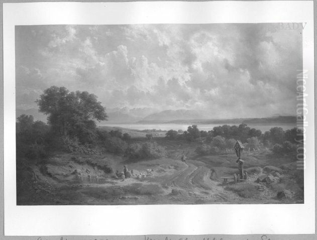Vorgebirgslandschaft mit See und Staffage Oil Painting by Adolf Heinrich Lier
