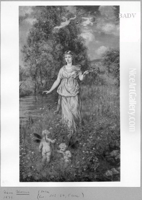 Spring-landscape with young girl and 4 angels Oil Painting by Hans Thoma