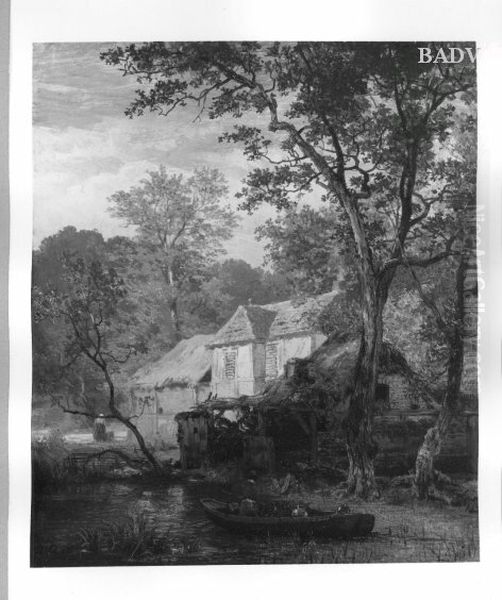 cottage near a brook + figures Oil Painting by Andreas Achenbach