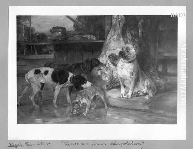 Dogs in a meat-shop Oil Painting by Heinrich Johann Von Zugel