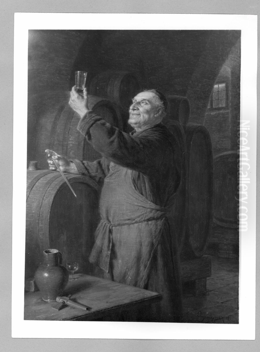 Monch im Keller bei der Weinprobe Oil Painting by Eduard Von Grutzner
