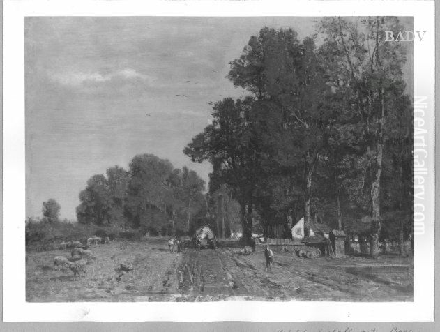 Waldlandschaft mit Strasse, Fuhrwerk und Schafen Oil Painting by Emil Jakob Schindler