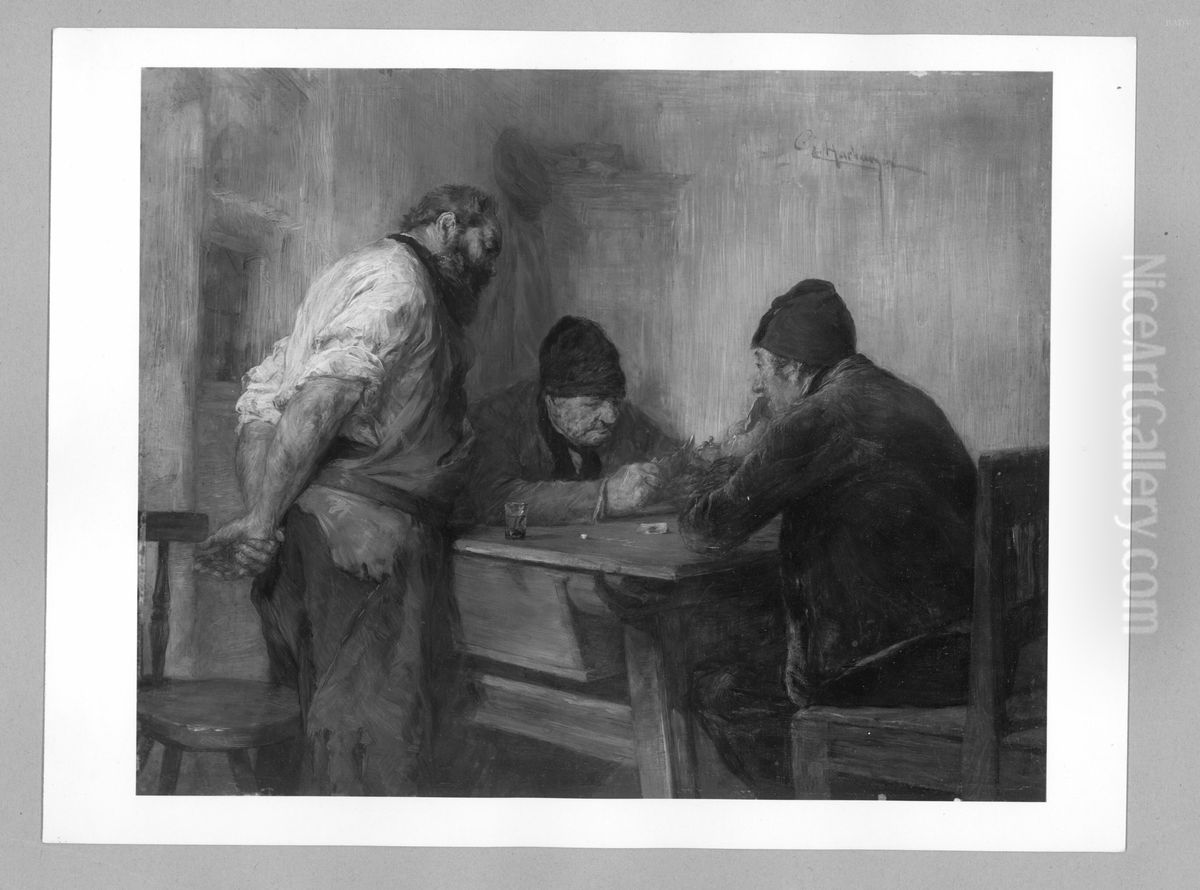 Drei Manner beim Kartenspiel Oil Painting by Edmund Harburger