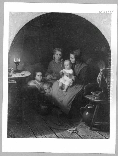 Inneres einer Stube mit zwei Frauen und drei Kindern Oil Painting by Johann Georg Meyer