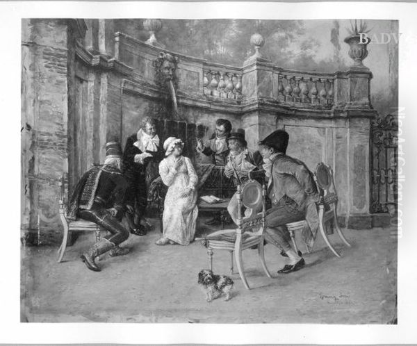 5 cavaliers and a lady Oil Painting by Jeno Kemendy