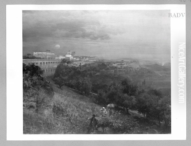 Sudliche Landschaft, Arriccia mit Viadukt (mit aufgehenden Mond) Oil Painting by Oswald Achenbach