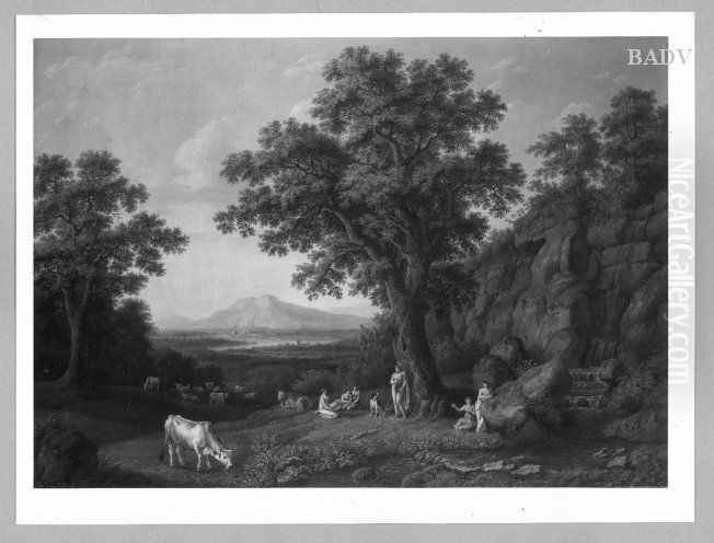 great heroic arcadic scenery with Apollo, 5 muses and cattle under oak-trees Oil Painting by Jacob Philipp Hackert