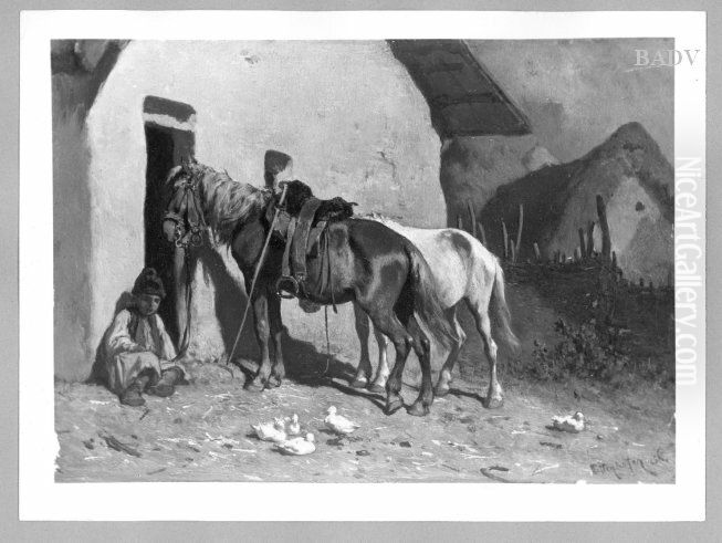 Horses before a stable Oil Painting by August von Pettenkofen