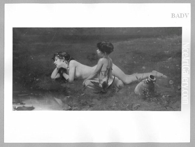 Madchen am Weiher mit Zigeunerknaben Oil Painting by Bruno Piglhein