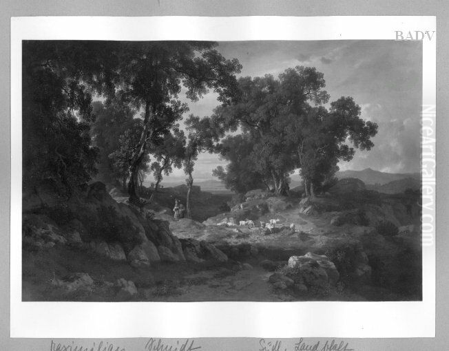 Sudliche Hugellandschaft mit vier Figuren und Ziegenherde Oil Painting by Max Schmidt