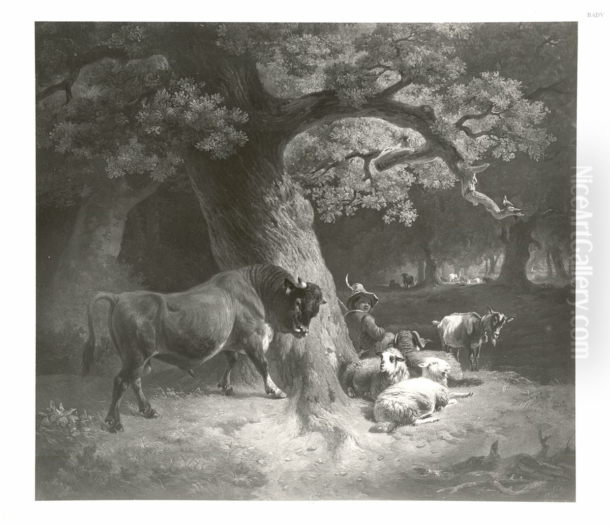 Hirtenknabe mit Stier und Schafen im Walde Oil Painting by Friedrich Voltz