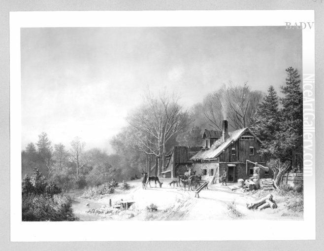 Winterlandschaft mit Forsthaus und Wildfutterung Oil Painting by Heinrich Burkel