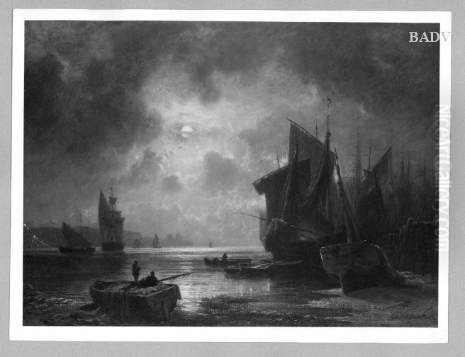 Harbour at moon-light Oil Painting by Eduard Schleich the Elder
