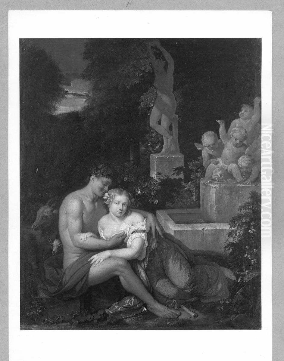 Schafer und Schaferin in Parklandschaft Oil Painting by Caspar Netscher