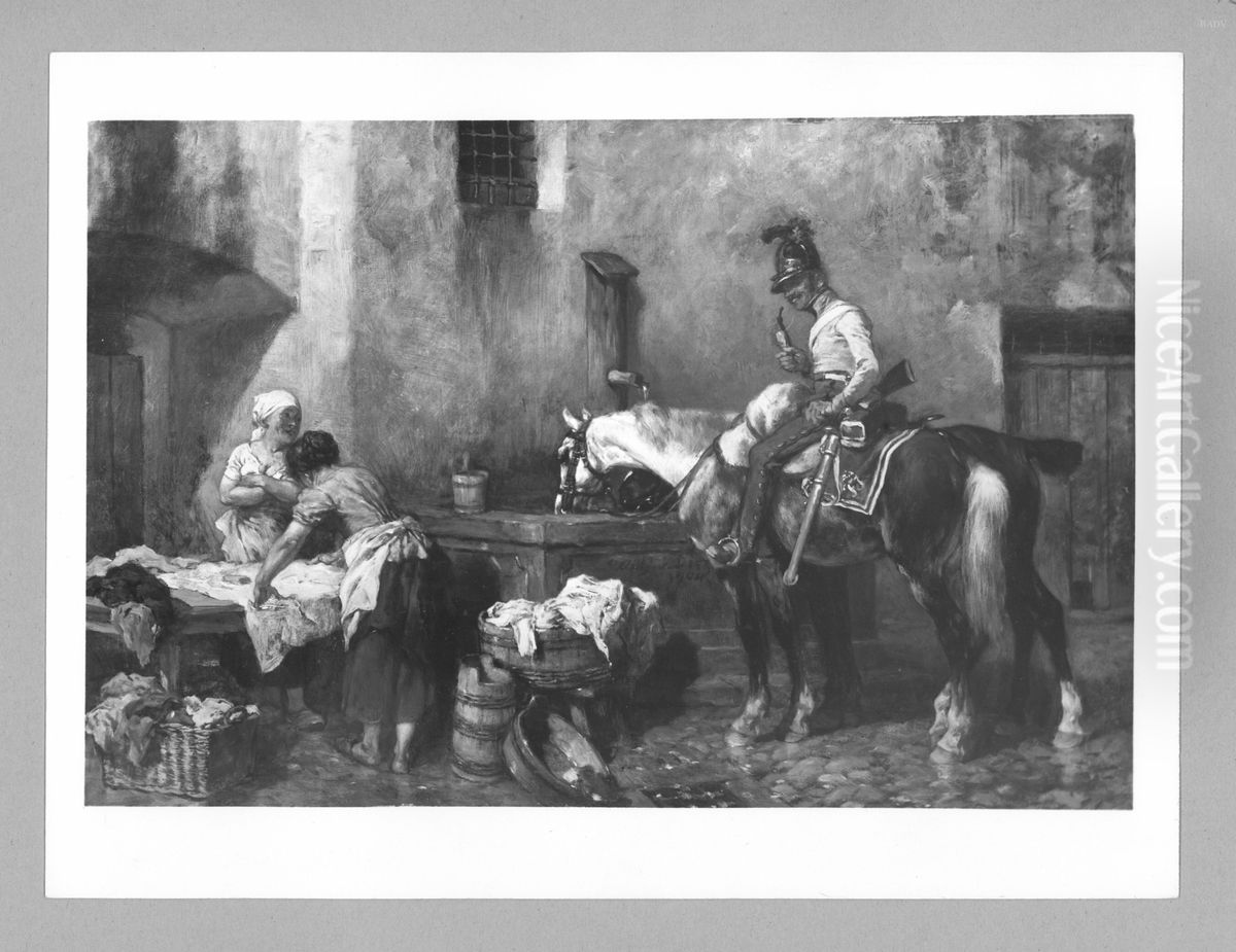 women + officer on horseback at a fountain Oil Painting by Wilhelm Von Diez